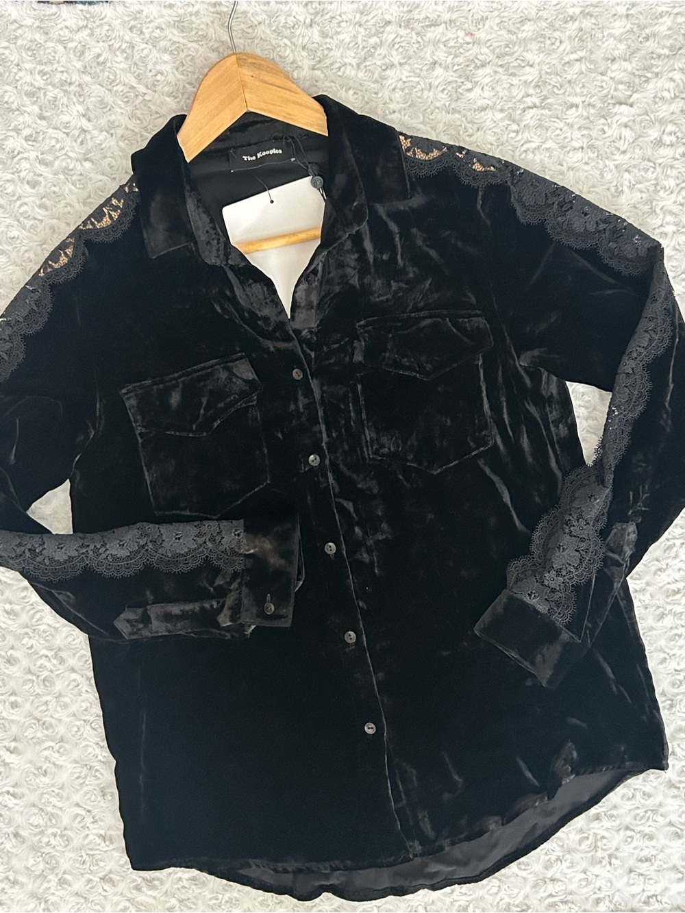The Kooples Crushed Velvet Lace Sleeve Button up Blouse